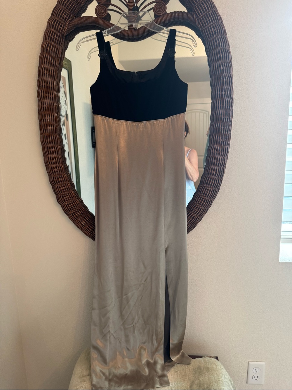 Black and Taupe Two-Tone Satin and Velvet Maxi Dress
